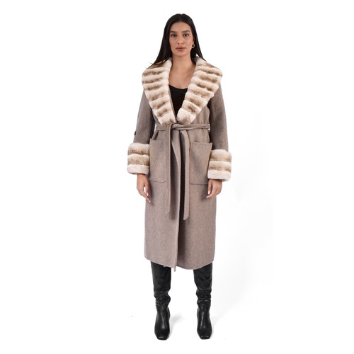 Cashmere Jacket With Wide Collar & Rex Rabbit Fur Styled Chinchilla Argentina -115cm-02233-Beige