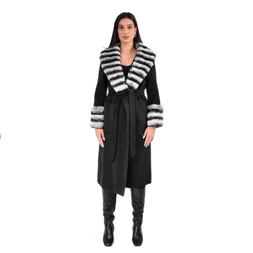 Cashmere Jacket With Wide Collar & Rex Rabbit Fur Styled Chinchilla Argentina -115cm-02233-Black