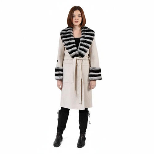 Cashmere Jacket With Wide Collar & Rex Rabbit Fur Styled Chinchilla Argentina -100cm-02244-Off White