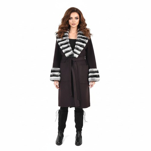 Cashmere Jacket With Wide Collar & Rex Rabbit Fur Styled Chinchilla Argentina -100cm-02244-Brown