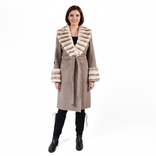 Cashmere Jacket With Wide Collar & Rex Rabbit Fur Styled Chinchilla Argentina -100cm-02244- Beige