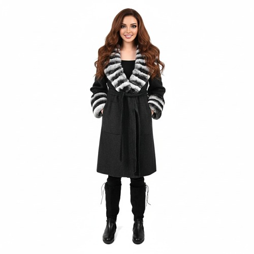 Cashmere Jacket With Wide Collar & Rex Rabbit Fur Styled Chinchilla Argentina -100cm-02244- Black