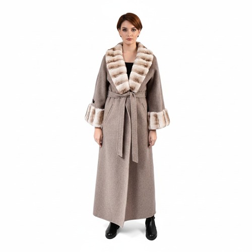 Cashmere Jacket Without Hood & Rex Rabbit Fur Styled Chinchilla Argentina -135cm-02255-Beige