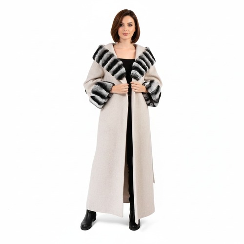 Cashmere Jacket With Hood & Rex Rabbit Fur Styled Chinchilla Argentina -135cm-02266-Off White
