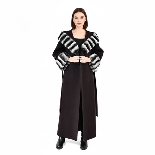 Cashmere Jacket With Hood & Rex Rabbit Fur Styled Chinchilla Argentina -135cm-02266-Brown