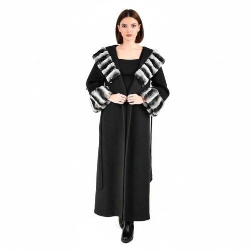 Cashmere Jacket With Hood & Rex Rabbit Fur Styled Chinchilla Argentina -135cm-02266-Black