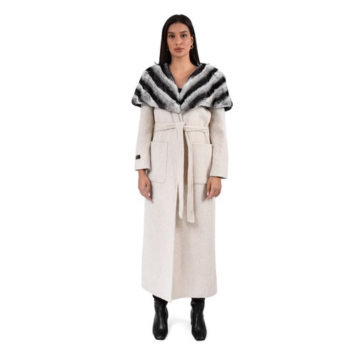 Cashmere Jacket With Rex Rabbit Fur Cape And Styled Chinchilla Argentina-135cm - 02288 - Off White