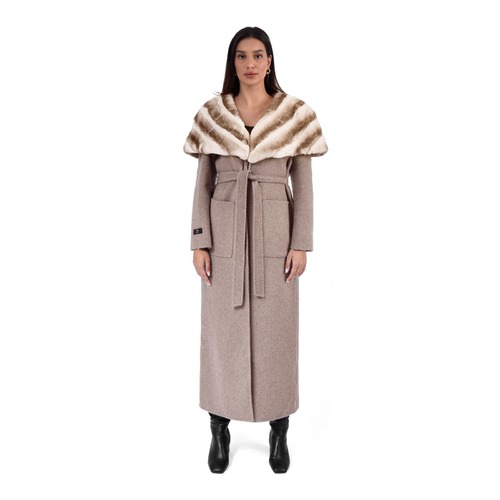 Cashmere Jacket With Rex Rabbit Fur Cape And Styled Chinchilla Argentina-135cm - 02288 - Beige