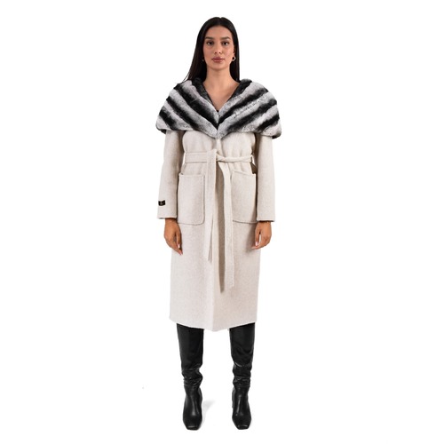 Cashmere Jacket With Rex Rabbit Fur Cape And Styled Chinchilla Argentina 115cm - 02299 - Off White