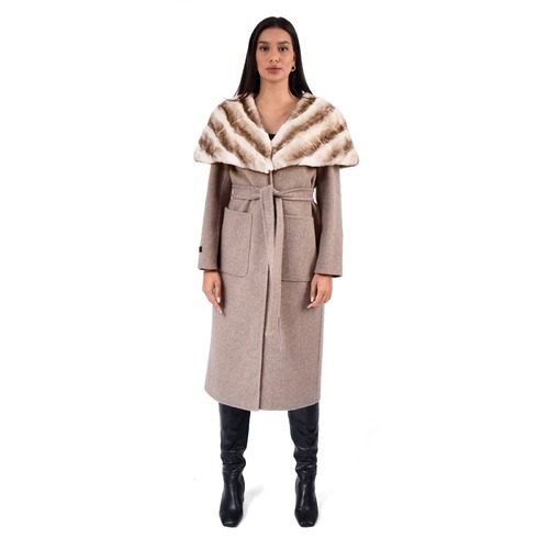 Cashmere Jacket With Rex Rabbit Fur Cape And Styled Chinchilla Argentina 115cm - 02299 - Beige