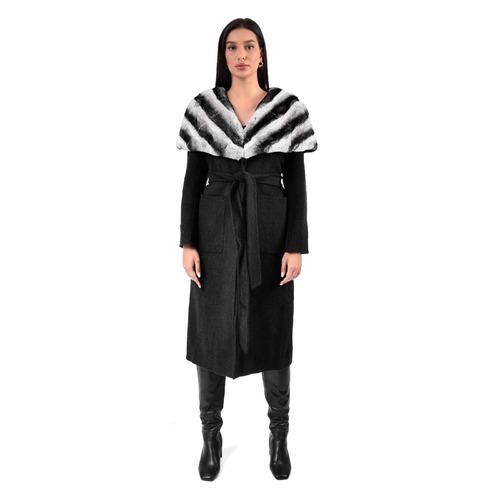 Cashmere Jacket With Rex Rabbit Fur Cape And Styled Chinchilla Argentina 115cm - 02299 - Black