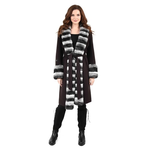 Cashmere Jacket W/ Straight Line Rex Rabbit Fur & Styled Chinchilla Argentina 100cm -04444-Brown