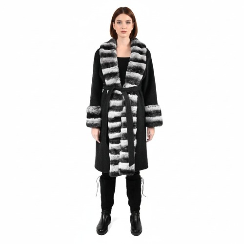 Cashmere Jacket W/ Straight Line Rex Rabbit Fur & Styled Chinchilla Argentina 100cm -04444-Black