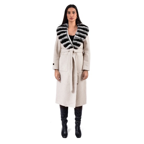 Cashmere Jacket W/ Rex Rabbit Fur Long Collar & And Styled Chinchilla Argentina 115cm-04455-OffWhite