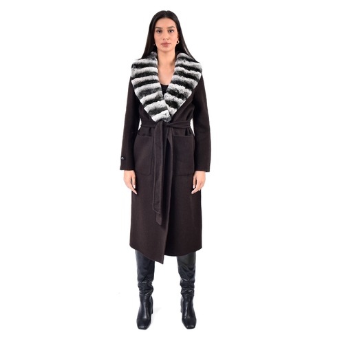 Cashmere Jacket W/ Rex Rabbit Fur Long Collar & And Styled Chinchilla Argentina 115cm-04455-Brown