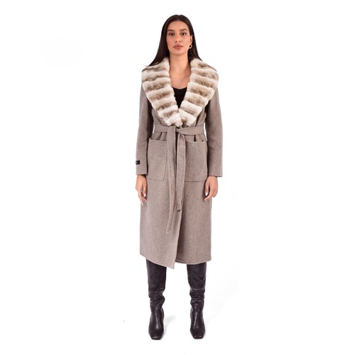 Cashmere Jacket W/ Rex Rabbit Fur Long Collar & And Styled Chinchilla Argentina 115cm-04455-Beige