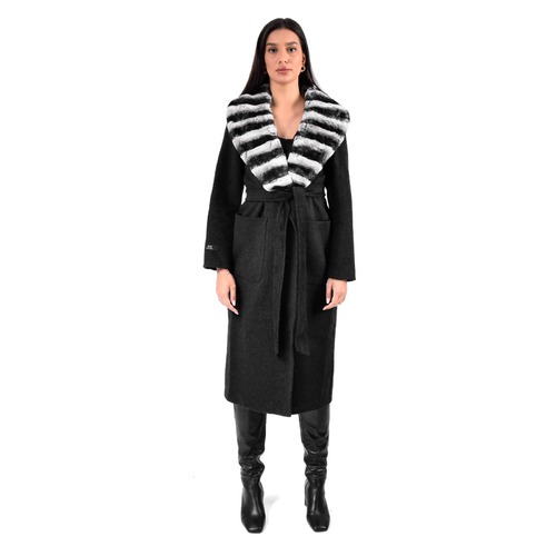 Cashmere Jacket W/ Rex Rabbit Fur Long Collar & And Styled Chinchilla Argentina 115cm-04455-Black