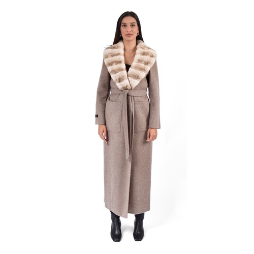 Cashmere Jacket W/ Rex Rabbit Fur Long Collar & And Styled Chinchilla Argentina 135cm-04466-Beige