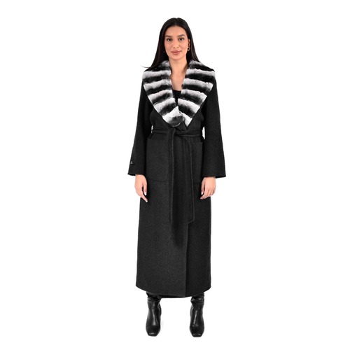 Cashmere Jacket W/ Rex Rabbit Fur Long Collar & And Styled Chinchilla Argentina 135cm-04466-Black