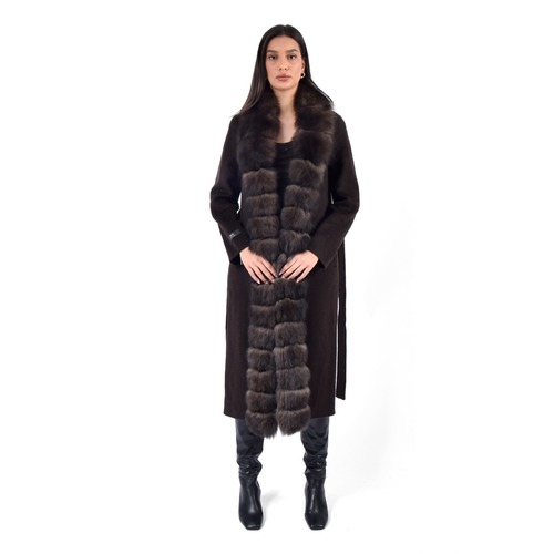 Cashmere Jacket With Fox Fur Straight Line 115cm - 04477 - Brown