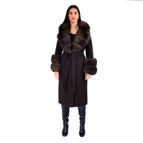 Cashmere Jacket With Wide Collar Fox Fur- 115cm - 04488 - Brown