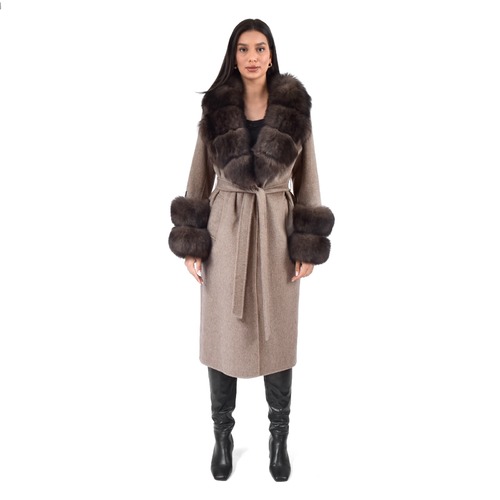 Cashmere Jacket With Wide Collar Fox Fur- 115cm - 04488 - Beige