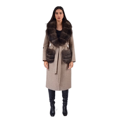 Cashmere Jacket With Wide Collar Fur Fox Fur With Pocket -115cm - 04499 - Beige
