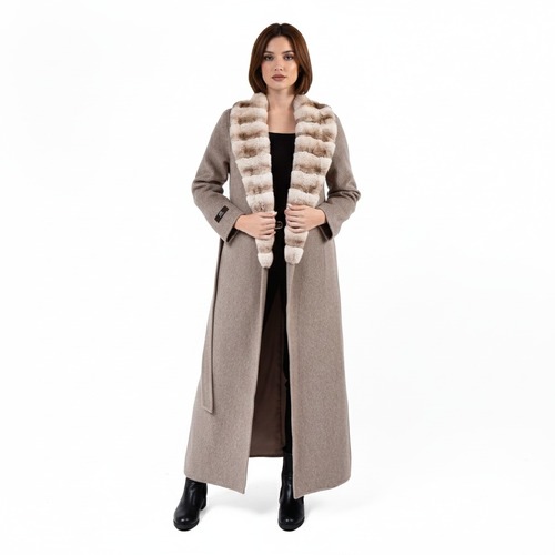 Cashmere Jacket W/ Fur Long Neck & Rex Rabbit Fur Styled Chinchilla Argentina -135cm-02277- Beige