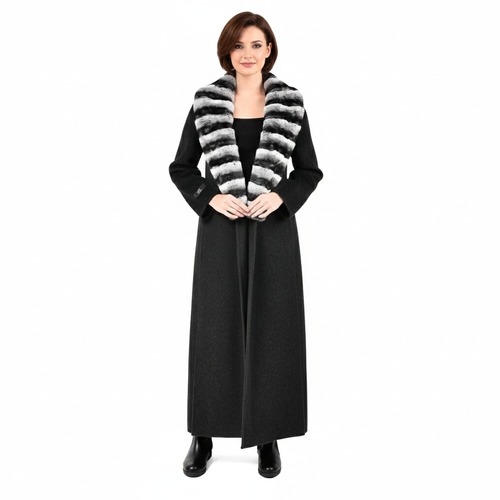 Cashmere Jacket W/ Fur Long Neck & Rex Rabbit Fur Styled Chinchilla Argentina -135cm-02277- Black