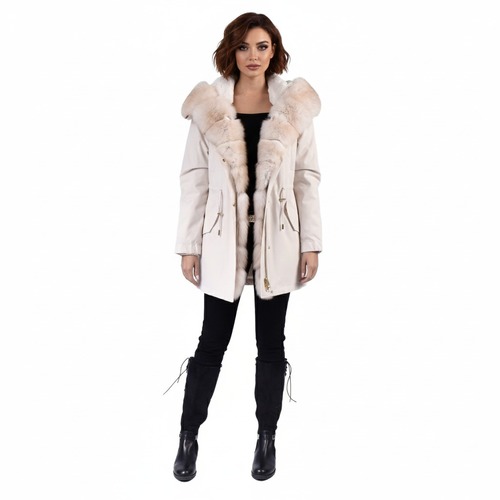 Raincoat Jacket Beige Fabric And Beige Fox Fur With Lining Rex Rabbit Fur - 80cm - 0300