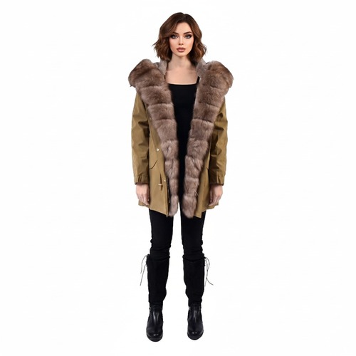 Raincoat Jacket Khaki Fabric And Fox Fur Light Coffee With Lining Rex Rabbit Fur - 80cm - 0300