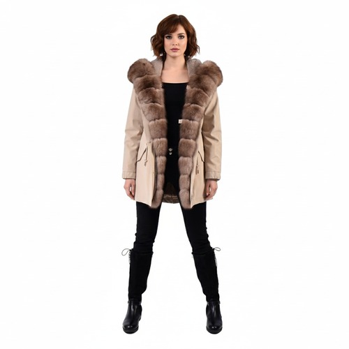 Raincoat Jacket Light Coffee Fabric And Fox Fur Light Coffee With Lining Rex Rabbit Fur -80cm - 0300