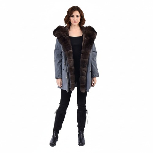 Raincoat Jacket Grey Fabric And Fox Fur Coffee With Lining And Rex Rabbit Fur - 80cm - 0300