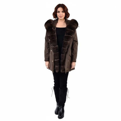 Raincoat Jacket Dark Coffee Fabric And Fox Fur Coffee With Lining And Rex Rabbit Fur-80cm-0300