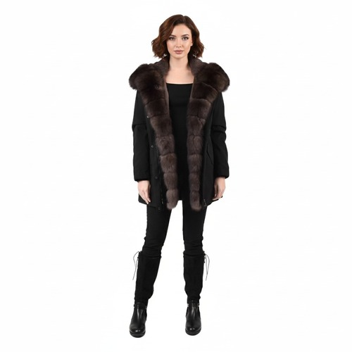 Raincoat Jacket Black Fabric And Fox Fur Coffee With Lining And Rex Rabbit Fur - 80cm-0300