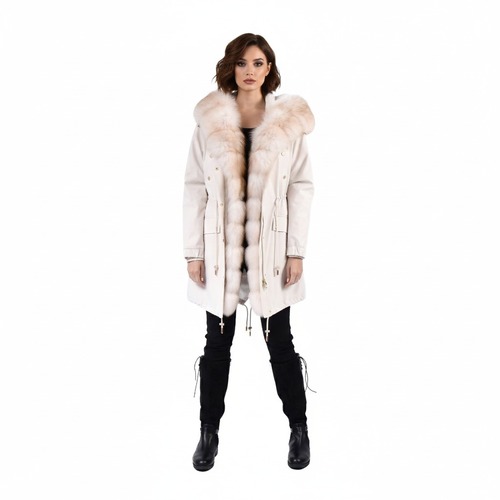 Raincoat Jacket Beige Fabric And Beige Fox Fur With Lining Rex Rabbit Fur - 90cm - 0301