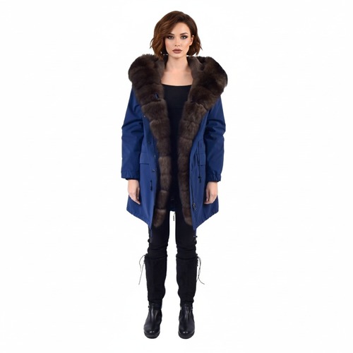 Raincoat Jacket Blue Fabric And Fox Fur Light Coffee With Lining Rex Rabbit Fur - 90cm - 0301