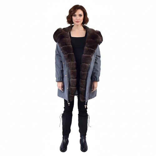 Raincoat Jacket Grey Fabric And Fox Fur Coffee With Lining Rex Rabbit Fur - 90cm - 0301