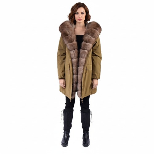Raincoat Jacket Light Coffee Fabric And Fox Fur Light Coffee With Lining Rex Rabbit Fur -90cm-0301