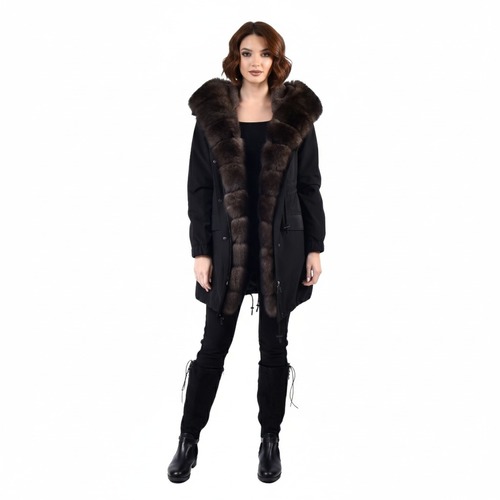 Raincoat Jacket Black Fabric And Fox Fur Coffee With Lining Rex Rabbit Fur - 90cm - 0301