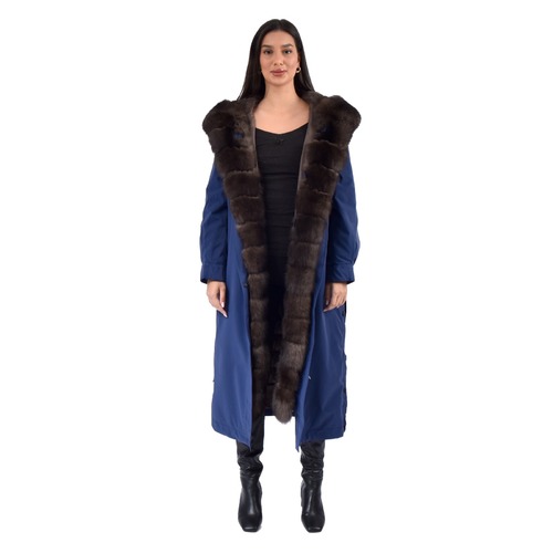 Raincoat Jacket Blue Fabric And Fox Fur Light Coffee With Lining Rex Rabbit Fur - 120cm -0302