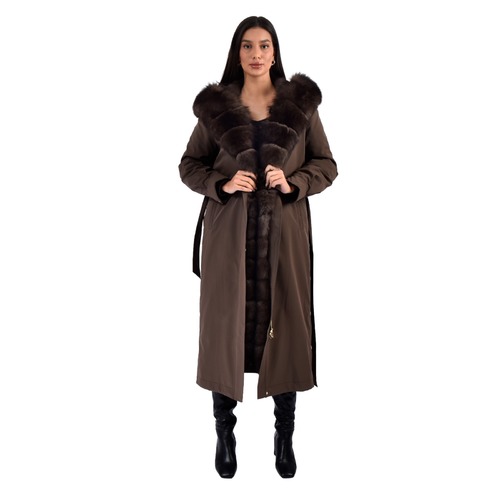 Raincoat Jacket Dark Coffee Fabric And Fox Fur Coffee With Lining Rex Rabbit Fur - 120cm - 0302