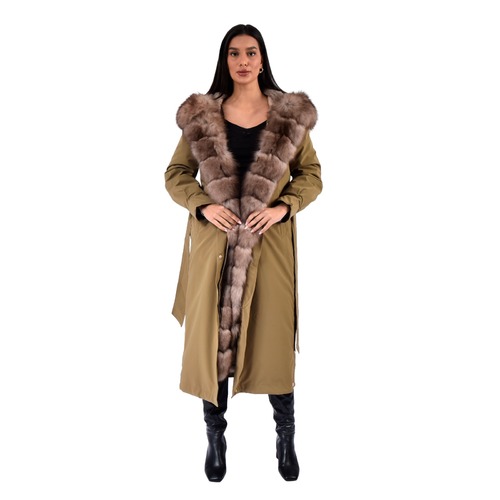 Raincoat Jacket Khaki Fabric And Fox Fur Light Coffee With Lining Rex Rabbit Fur - 120cm - 0302