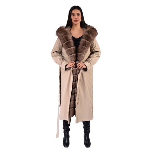 Raincoat Jacket Light Coffee Fabric And Fox Fur Light Coffee With Lining Rex Rabbit Fur -120cm-0302