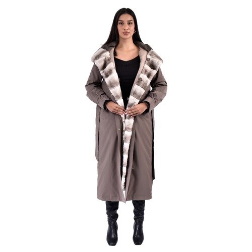 Raincoat Camel Fabric W/ Collar & Beige Lining Rex Rabbit Fur Styled Chinchilla Argentina 120cm-0303