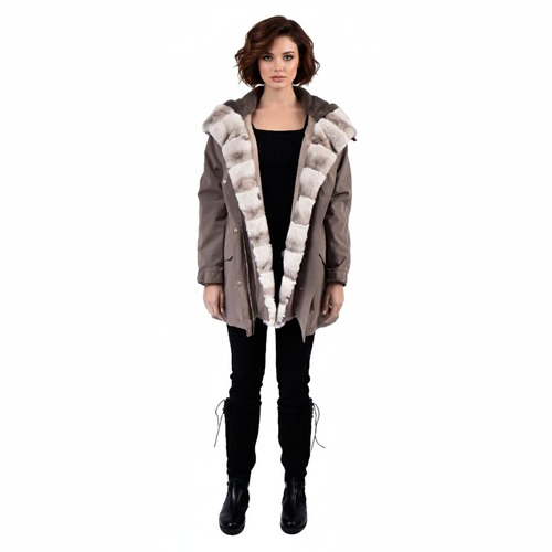 Raincoat Camel Fabric W/ Collar & Beige Lining Rex Rabbit Fur Styled Chinchilla Argentina 80cm-0303