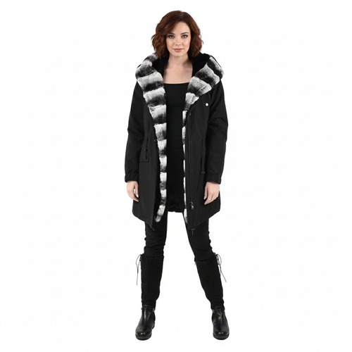 Raincoat Black Fabric W/ Collar & Lining Rex Rabbit Fur Styled Chinchilla Argentina 90cm-0303