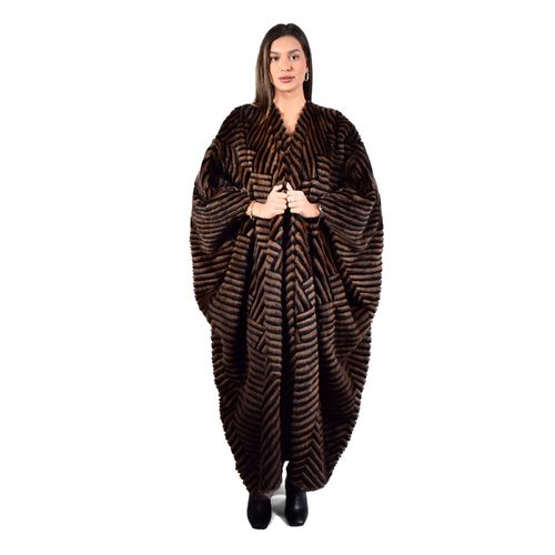 Bisht With Mink And Rex Rabbit Fur - Length 135cm - 1-41 - 05099 - Black and Dark Coffee