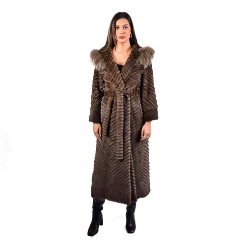 Jacket With Mink And Rex Rabbit Fur With Fox Fur Hood - 135cm -5477A- 0524 - Coffee
