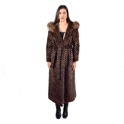 Jacket With Mink And Rex Rabbit Fur With Fox Fur Hood - 135cm -5477A- 0524 - Black and Coffee